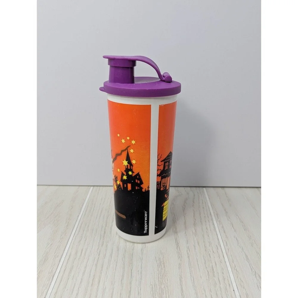 Tupperware 16 oz Halloween Witch Flip‎ Top Plastic Tumbler Cup orange purple